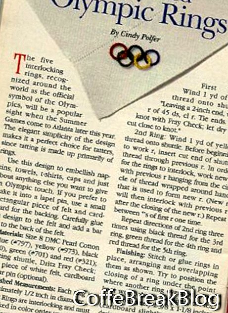foto da página da cesta de trabalho de 1964 com padrão de tatting de anéis olímpicos por Cindy Polfer