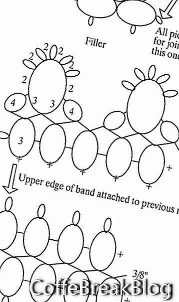 diagrammer over hønse og kyllinger, æg og kløverblad til en antik camisole, der ikke er kendt, fra filerne i Online Tatting Class o / a 2000