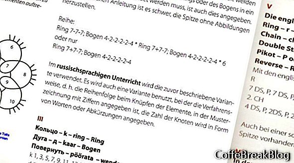 Tatting의 Big Book (German edition) 2013에서 Eeva Talts가 여러 언어로 패턴을 읽는 방법